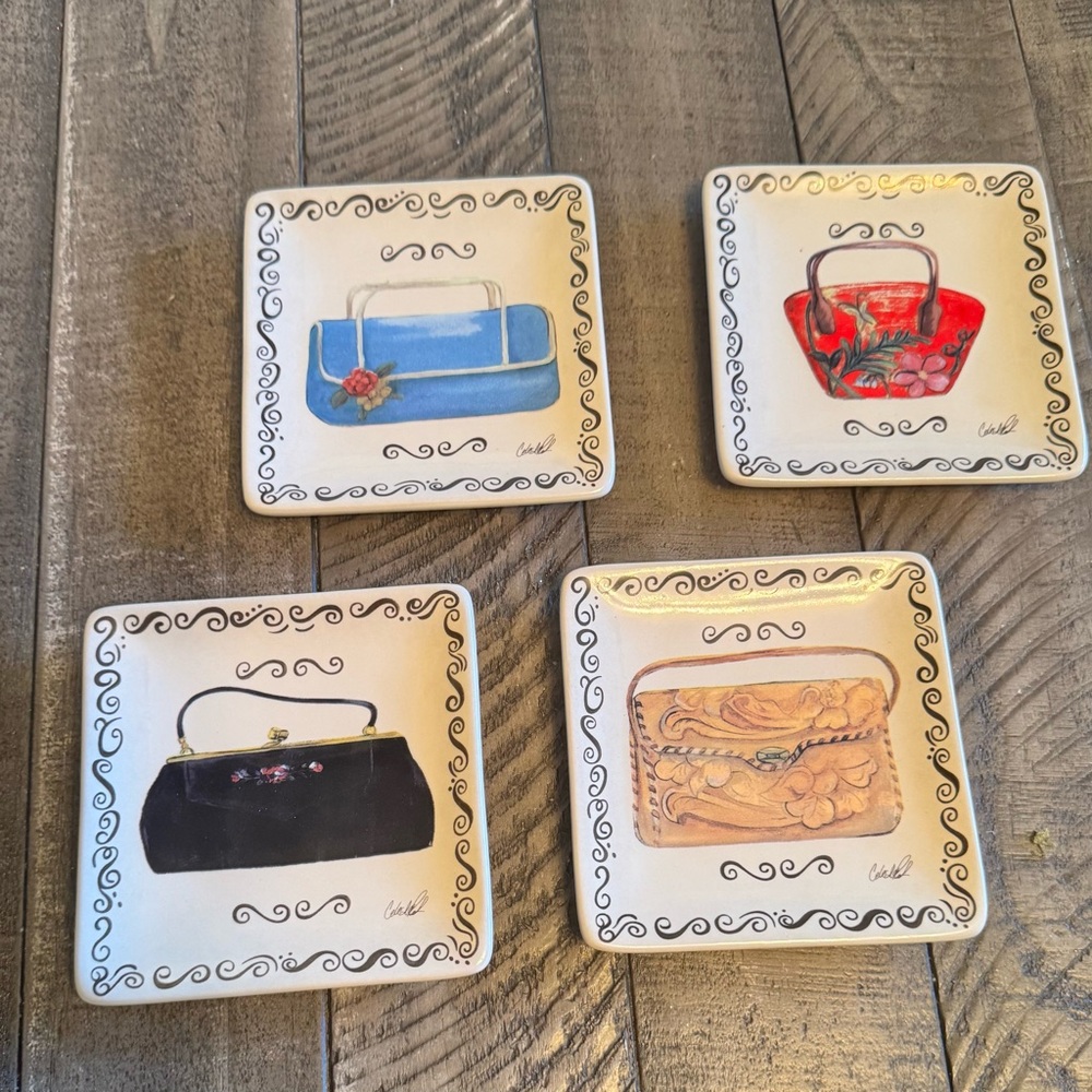 MWW Chic Purses Mini Square‎ Plates Set Of 4 Pocketbook Handbag Home Decor